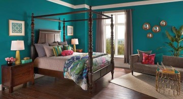 brown and blue bedroom with classic four poster