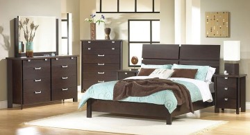 brown and blue bedroom with espresso furniture