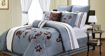 brown and blue bedroom with lovely bedding pattern