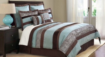 brown and blue bedroom with stripes