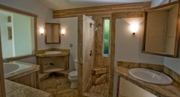 brown bathrooms with faux wood marble tiles