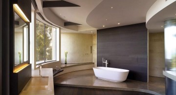 brown bathrooms with unique ceiling