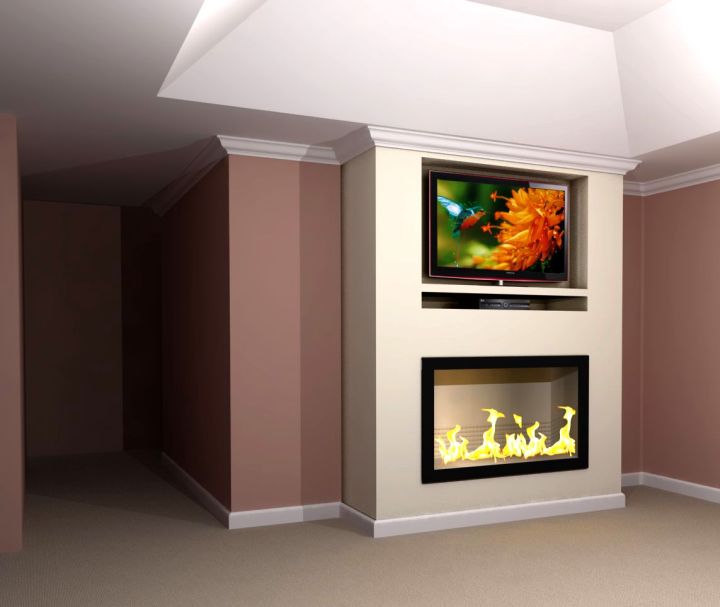 built in TV above fireplace