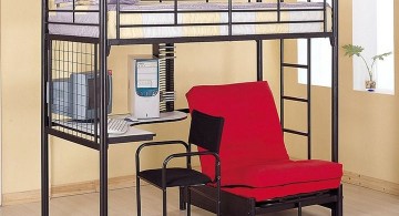 bunk bed for adults with red chair underneath