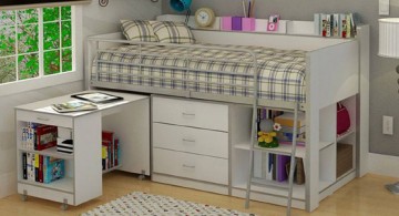 classic vintage white loft bed design with desk and storage underneath