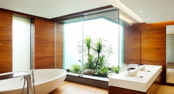 contemporary wood bathroom with inner garden