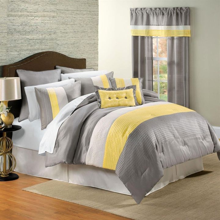 cozy stripes yellow gray bedroom