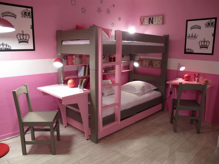 desk and bed combination in pink and brown