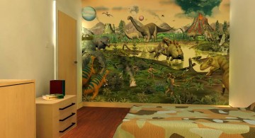 dinosaur wallpaper mural design in brown room