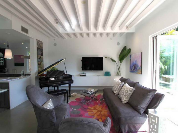 exposed beam ceiling in white