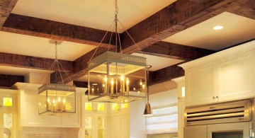 exposed beam ceiling with a chandelier