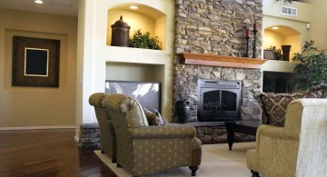 great room furniture layout with stone fireplace