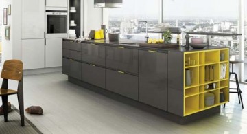 grey kitchen idea with yellow accent in a nice modern urban apartment