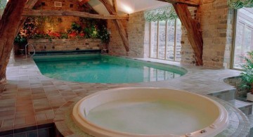 homes with indoor pools with exposed beams ceiling