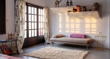 japanese theme room with rug and floating shelves