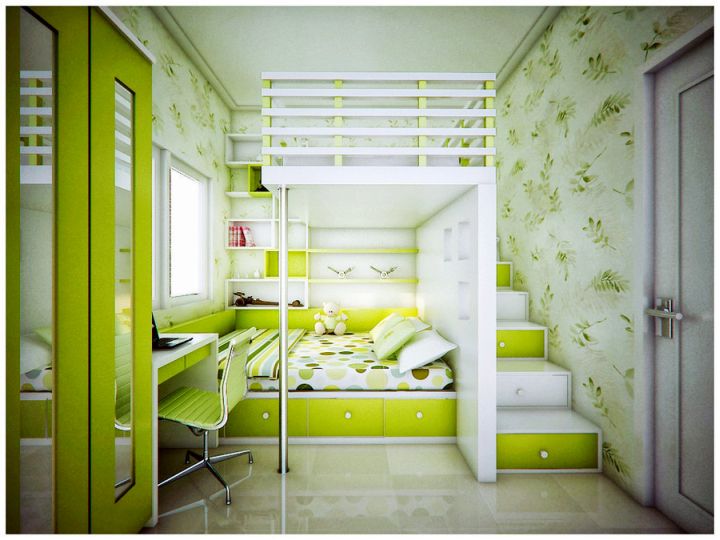 lime green bedroom with bunk beds
