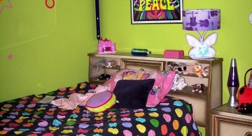 lime green bedroom with colorful polkadot bedding