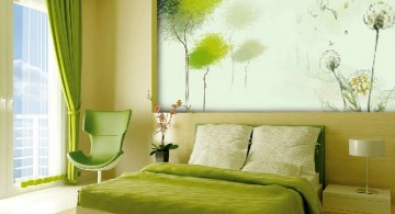 lime green bedroom with wall panel and retro chair