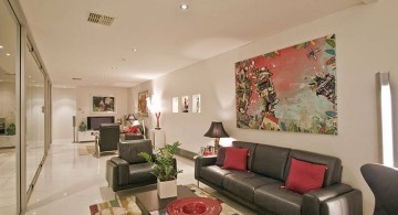 long living room in black and red