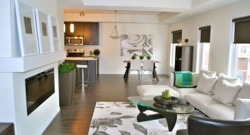 long living room with flower patterned rug