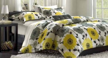 lovely yellow and grey bedroom design idea featuring floral bedding