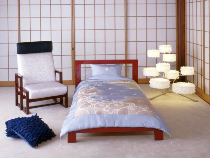 minimalist asian inspired bedroom with unique floor lamp