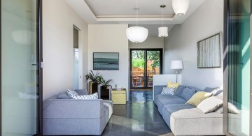 minimalist long living room in blue and white