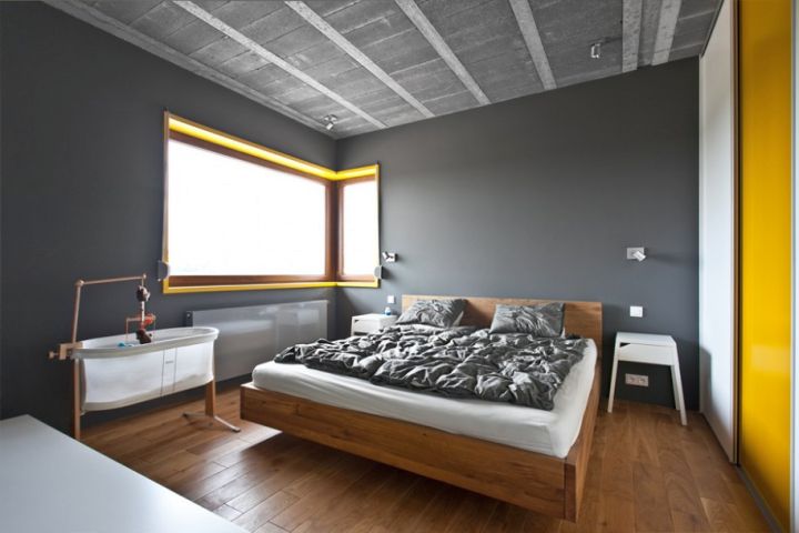 minimalist yellow gray bedroom