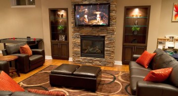 modern basement with fireplace