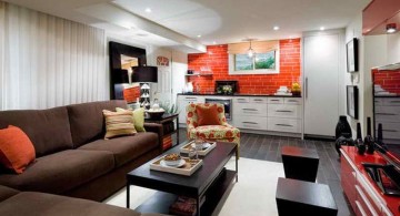 modern basement with red panel accent