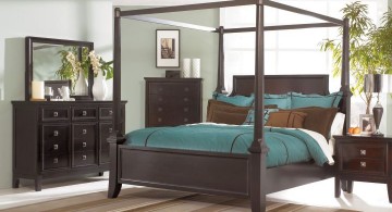 modern brown and blue bedroom with four post bed