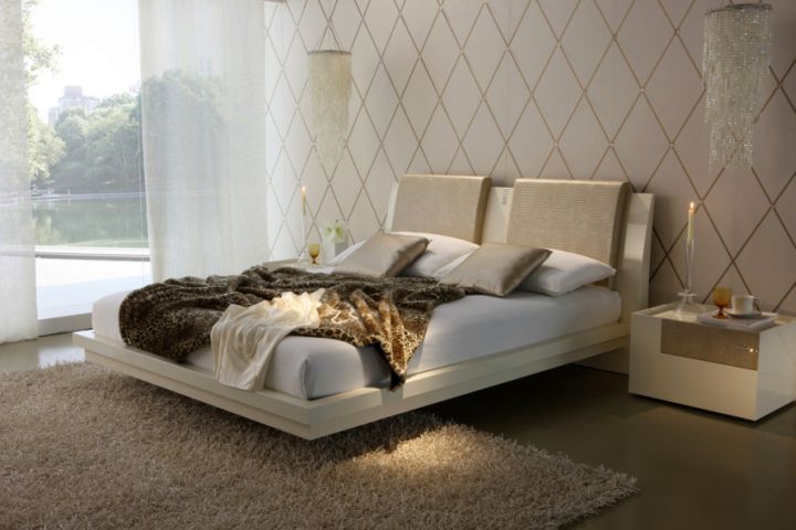 modern floating bed with elegant wall panel