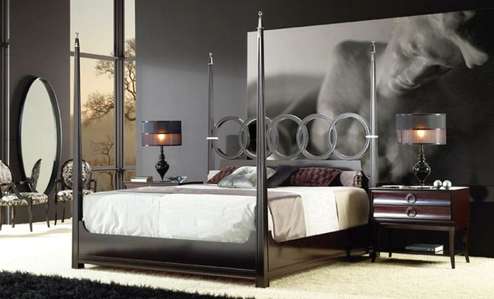 modern four poster bed with linked circles accent