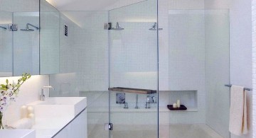 modern glass shower with inground bathup and skylight