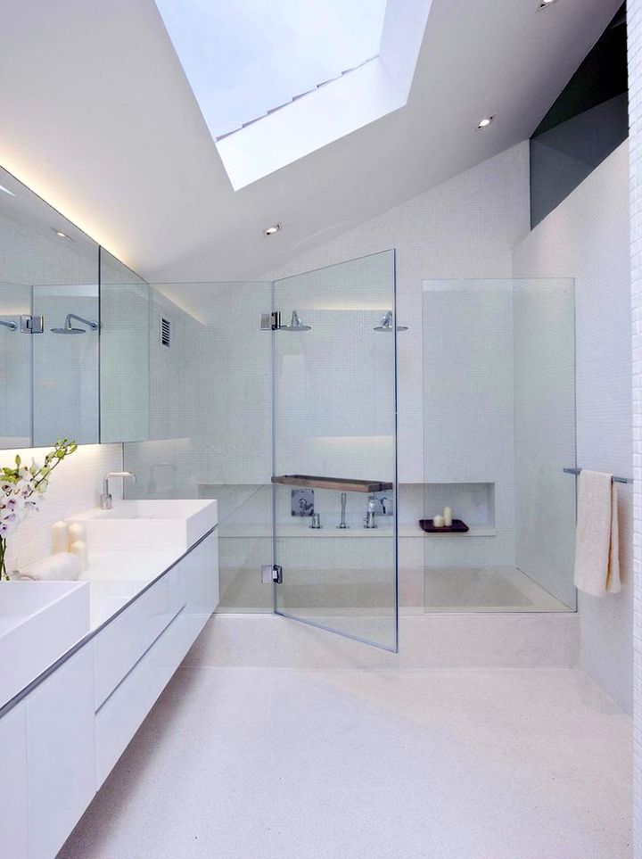 modern glass shower with inground bathup and skylight