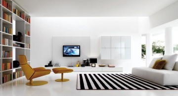 modern minimalist living room with retro chair and striped rug