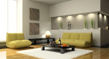 modern minimalist living room with yellow sofa and built in wall shelf