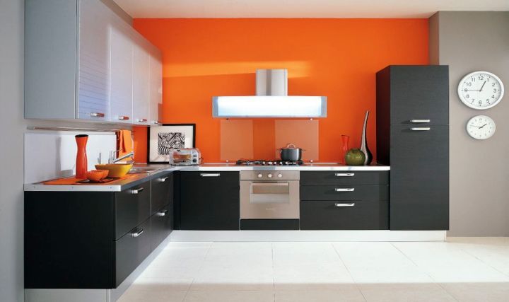 modern modular kitchen in black and orange