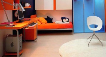 modern orange murphy bed unit with desk and contemporary white chair