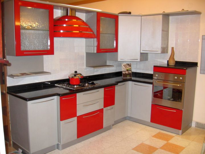 modular kitchen in red and gray