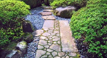narrow Japanese landscape design with stone pathway