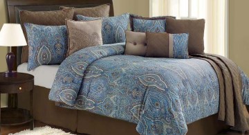 new brown and blue bedroom with paisley pattern