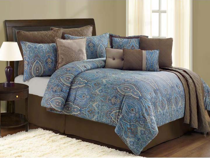 new brown and blue bedroom with paisley pattern