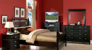 red bedroom walls with dark wood furniture set