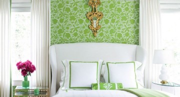 retro bedroom ideas with green wall panel and DIY hanging lamp