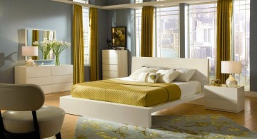 retro bedroom ideas with mustard yellow curtain