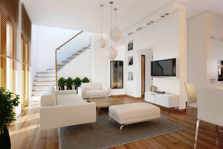 room arrangements with wooden floor and white furniture