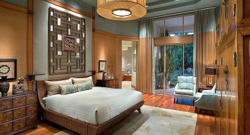 rustic asian inspired bedroom with large pendant lamp