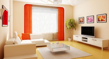 simple living room with orange red curtains