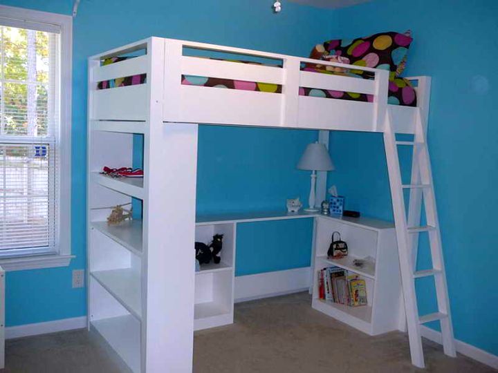 simple minimalist white loft bed with desk